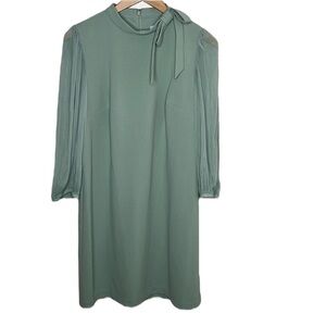 Calvin Klein Mint Green High Neck Bow Puffed Sheer Sleeve Dress Women Size 12